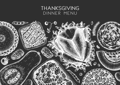 Thanksgiving dinner menu design on chalkboard. With roasted turkey, cooked vegetables, rolled meat, baking cakes and pies sketches. Vintage autumn food frame. Vector Thanksgiving day background.